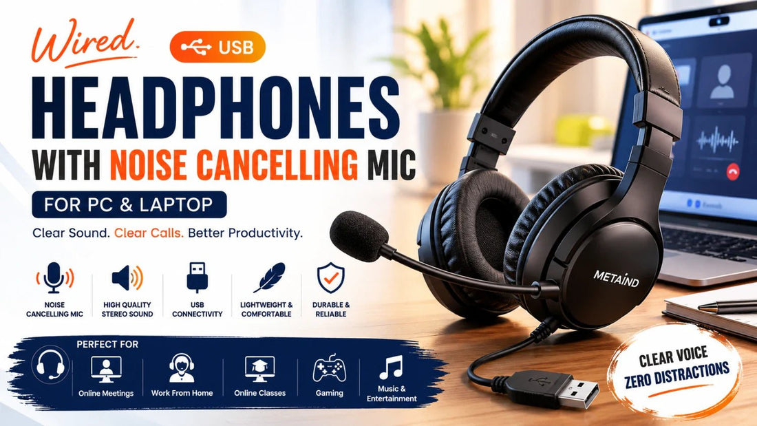 Wired USB Headphones With Noise Cancelling Mic for PC & Laptop - Metaind