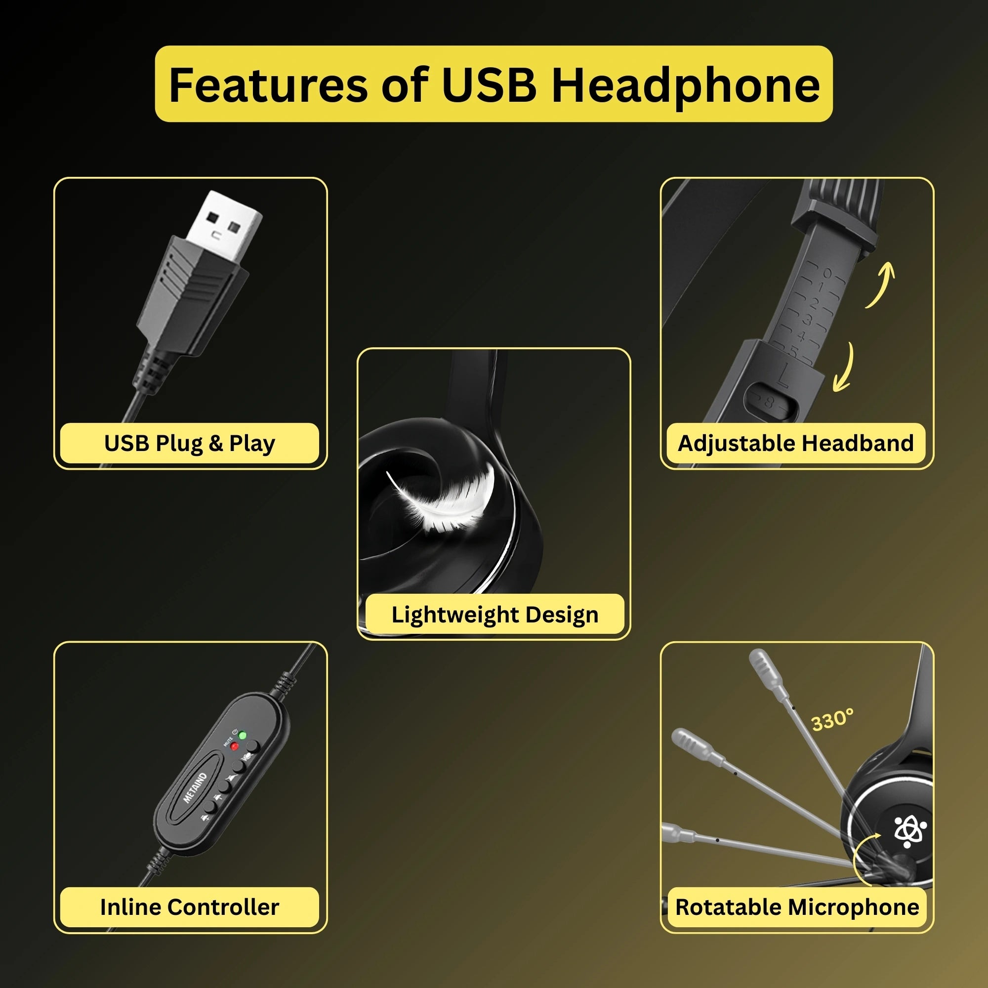 Metaind USB Headset with Mic, Model: Meta_MT30 (Black)(HSN:85183020)