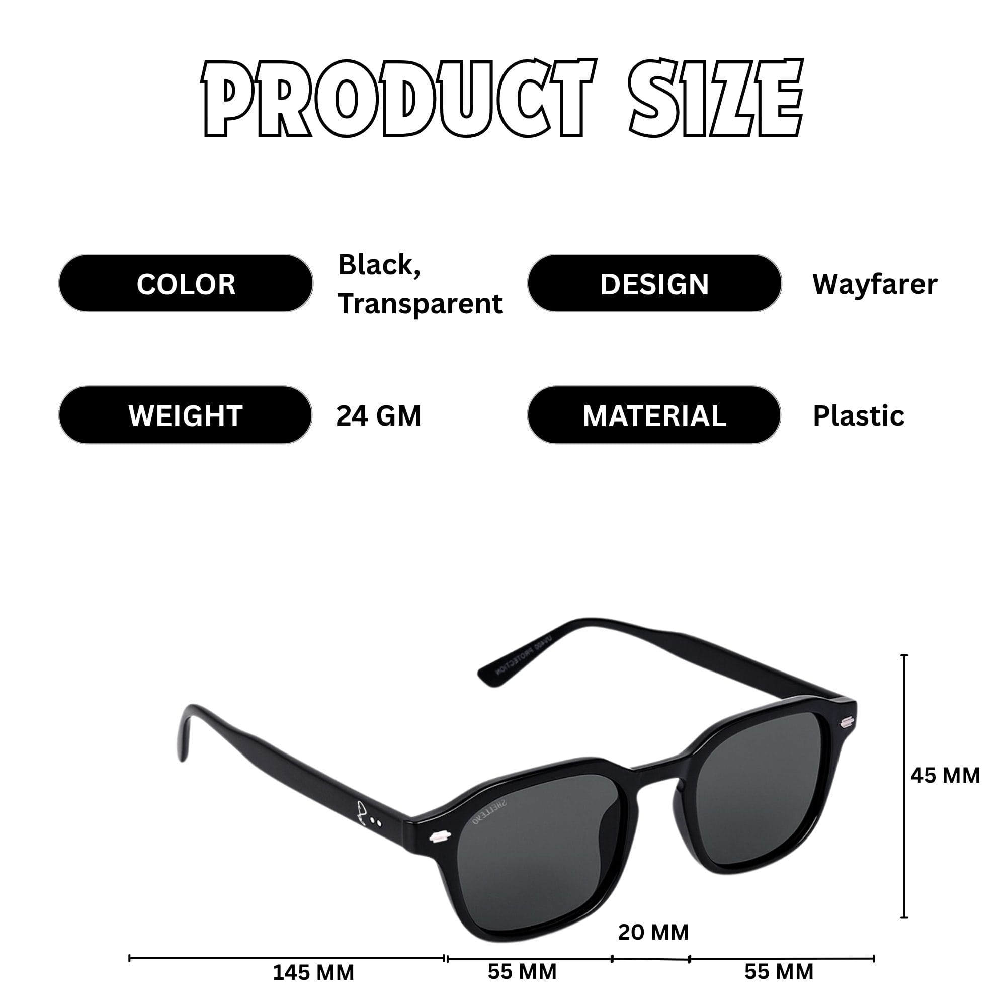 Shelleyo Unisex Wayfarer Sunglasses, Model: SLM6023C5 (Black)(HSN:90041000)