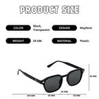 Shelleyo Black sunglasses with product size and feature details 