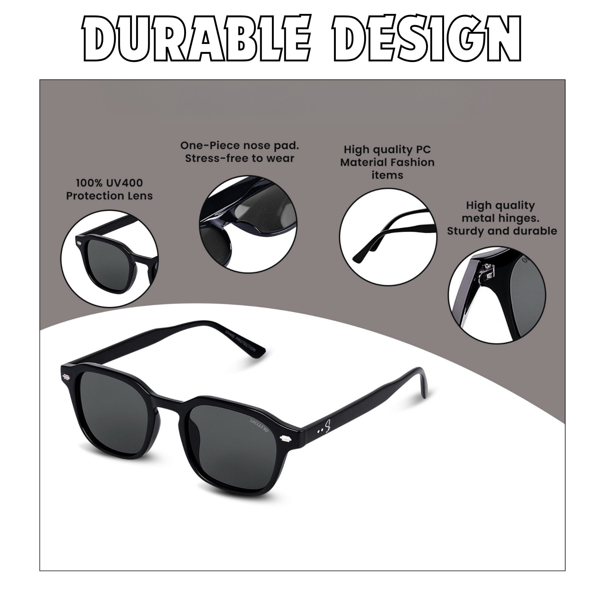 Shelleyo Unisex Wayfarer Sunglasses, Model: SLM6023C5 (Black)(HSN:90041000)