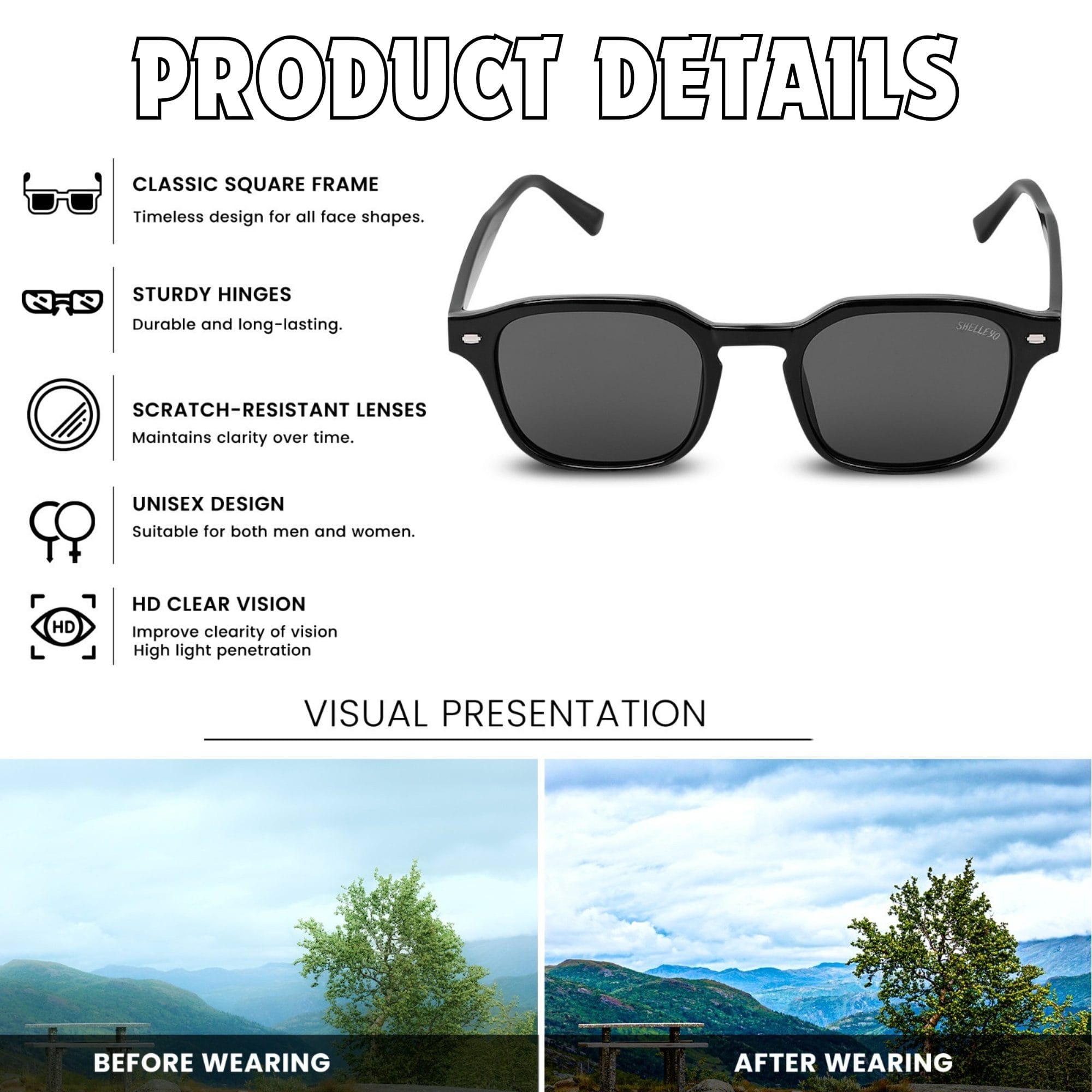 Shelleyo Unisex Wayfarer Sunglasses, Model: SLM6023C5 (Black)(HSN:90041000)