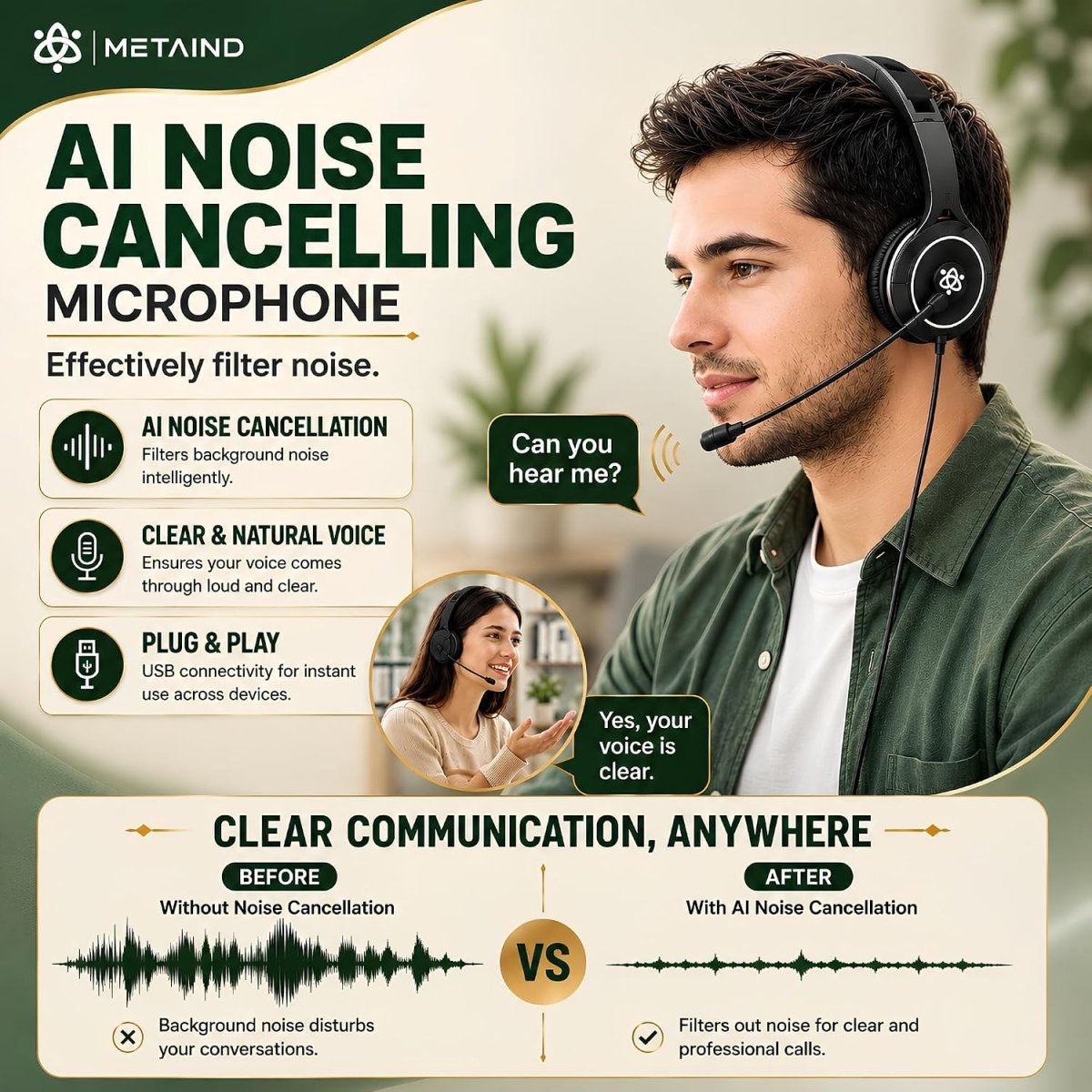 Metaind USB Headset with ENC Mic for Office, Model: Meta_MT50 (Black)(HSN:85183020) - Metaind