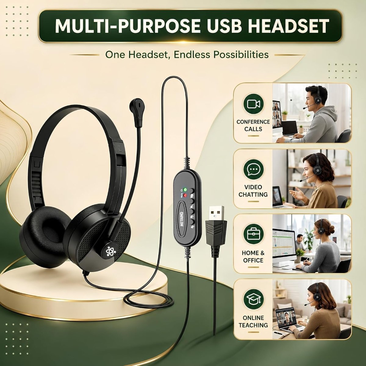 Metaind USB Headset with ENC Mic for Office, Model: Meta_MT50 (Black)(HSN:85183020) - Metaind