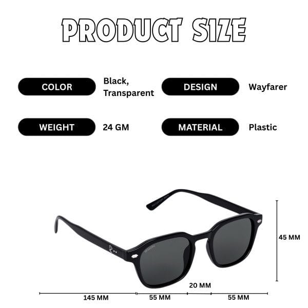Shelleyo Unisex Wayfarer Sunglasses, Model: SLM6023C5 (Black)(HSN:90041000) - Image 2